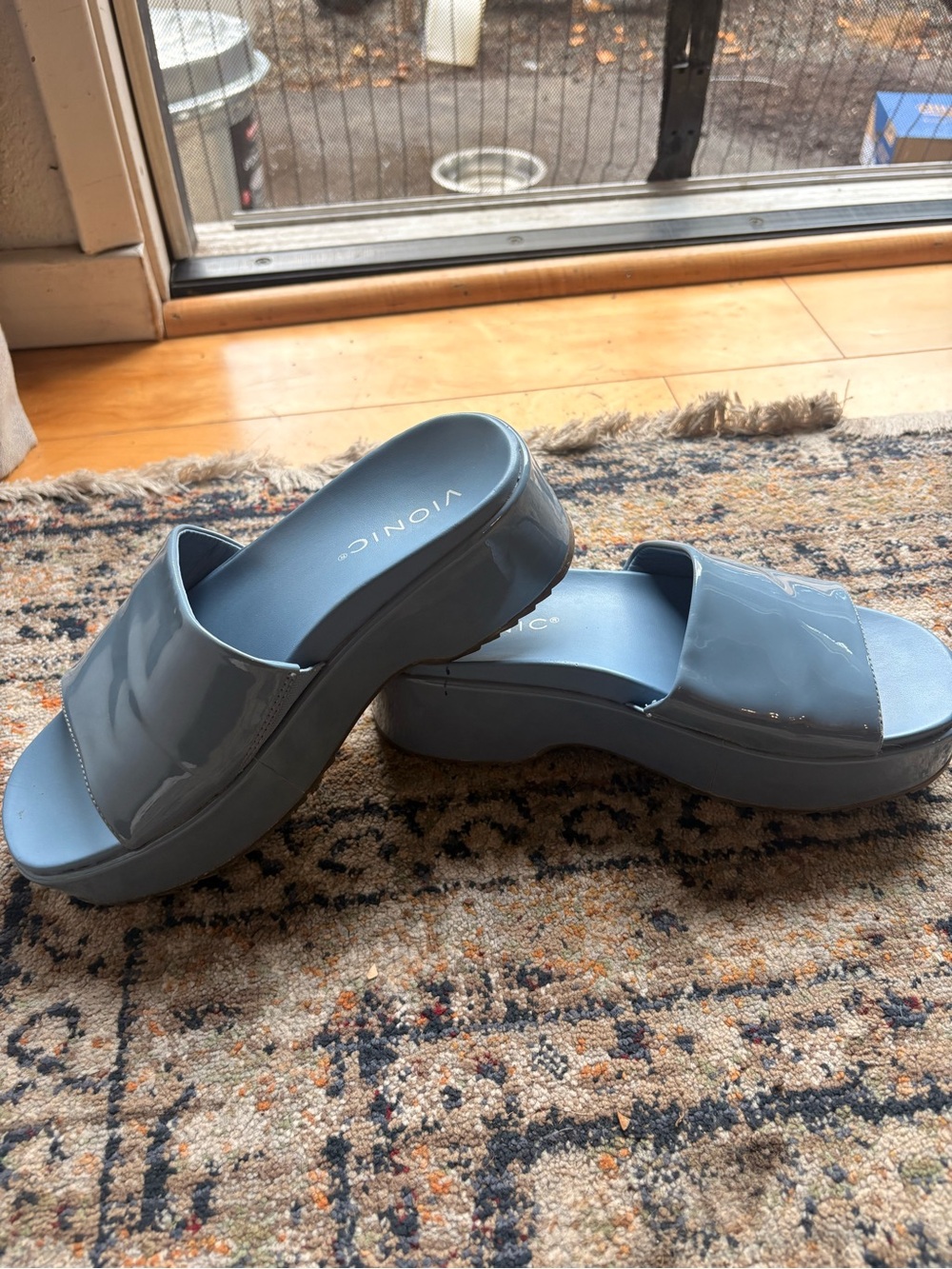 Vionic Blue Patent Platform Slide Sandals